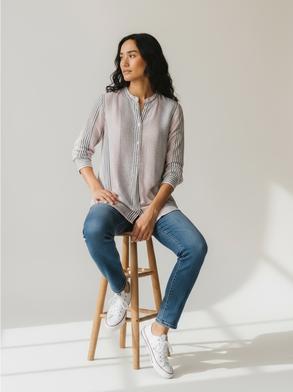 Madewell Striped Button-Front Henley in Pink and Blue